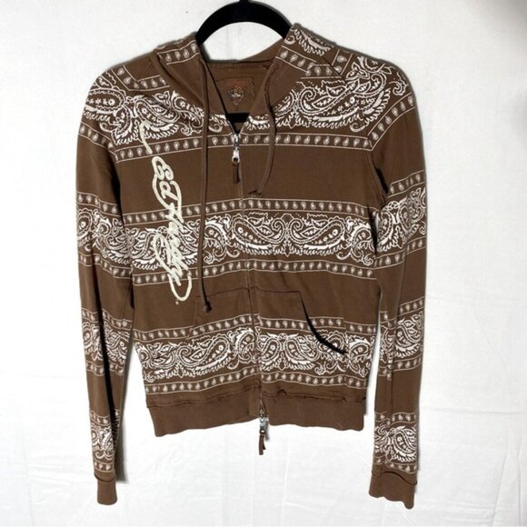 Vintage Y2K Ed Hardy Brown Cream Tiger Paisley Bandana Print Stripe Zip Hoodie M - Picture 2 of 15